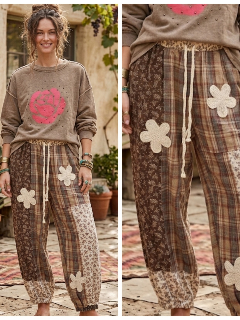 Boho Patchwork Drawstring Jogger Pants - Brown Plaid